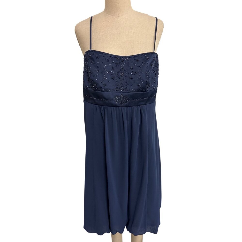 Vintage Davids Bridal Navy Blue Beaded Empire Waist Cocktail Dress Elegant Prom